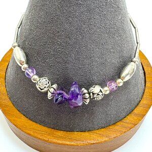 Amethyst Crystal & Liquid Silver VTG Silver Plated Bead Bracelet 7.75"